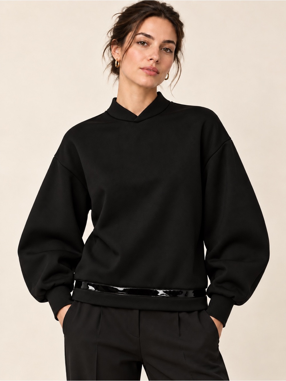 Marie Saint Pierre $730 Black Scuba Balloon Sleeve Mock Neck Top JG